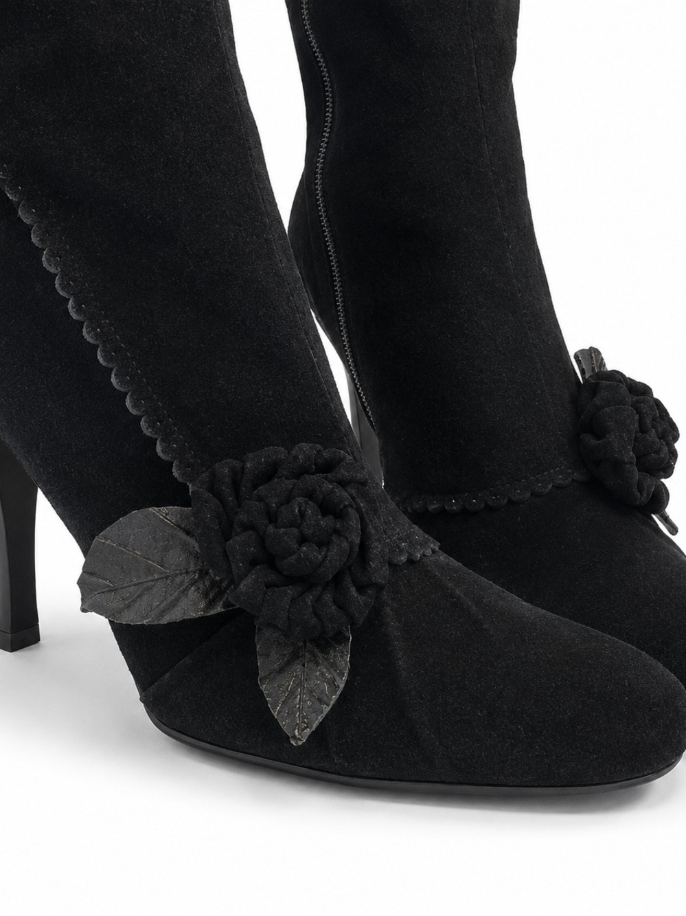 Victorian knee high Sueded boots with 3d Flower Design. - Women's Size 7.